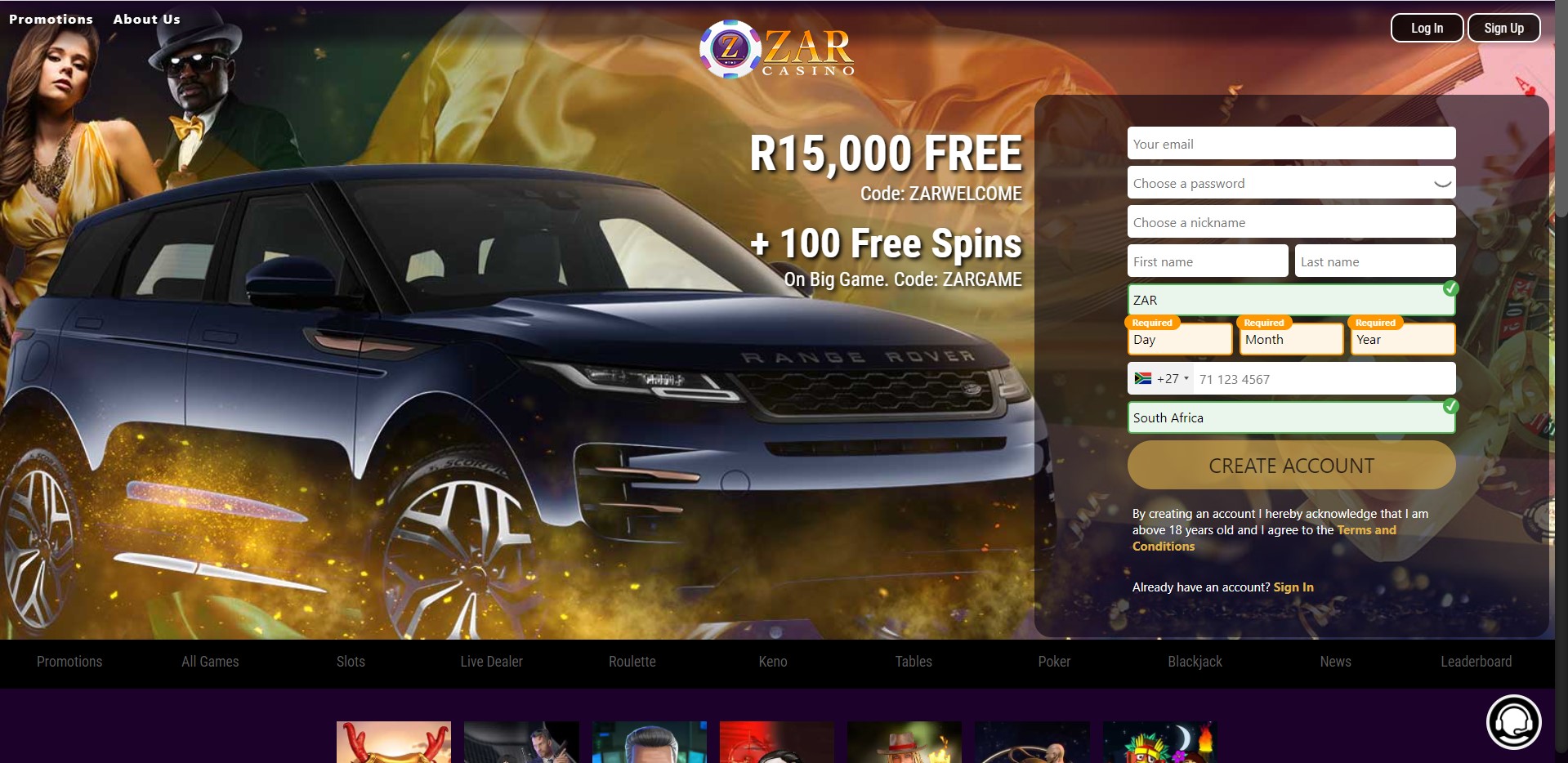 Zar Casino home page banner
