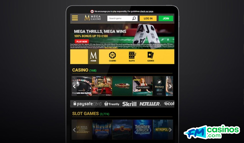 A website page showing games on Mega Casino 
